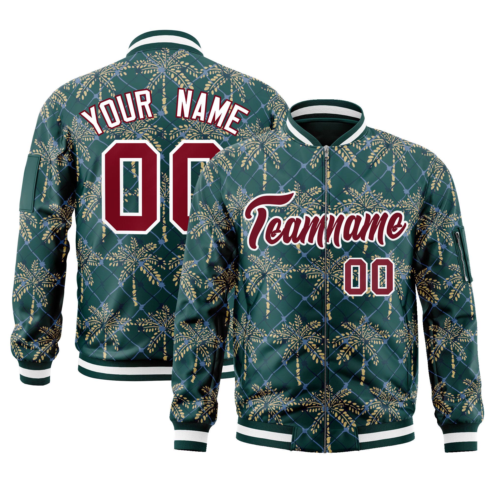 Custom Midnight Green Crimson Varsity Full-Zip Hawaii Letterman Bomber Jacket