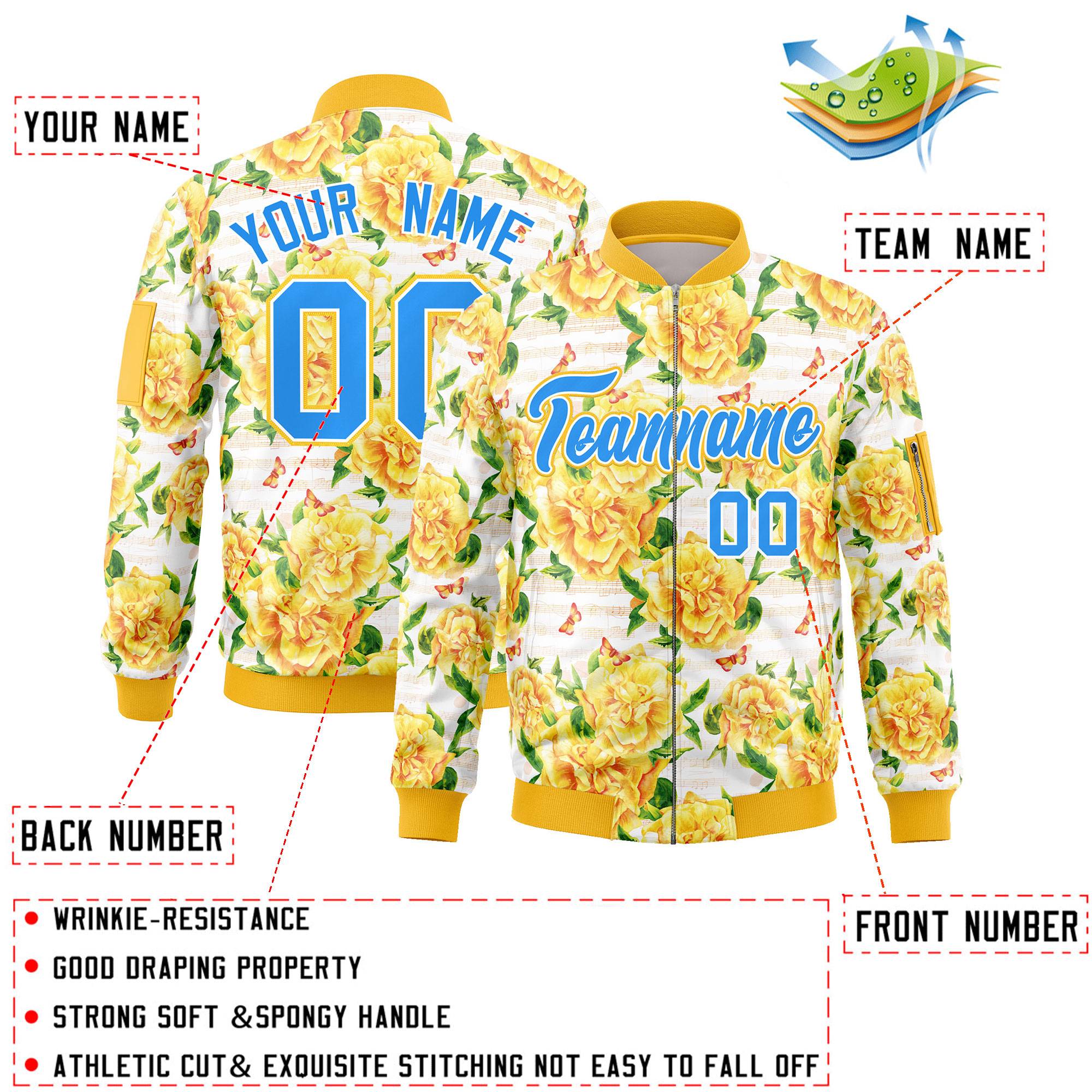 Custom Gold Powder Blue Varsity Full-Zip Hawaii Letterman Bomber Jacket