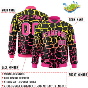 Custom Black Gold-Pink Varsity Full-Zip Spotted Letterman Bomber Jacket