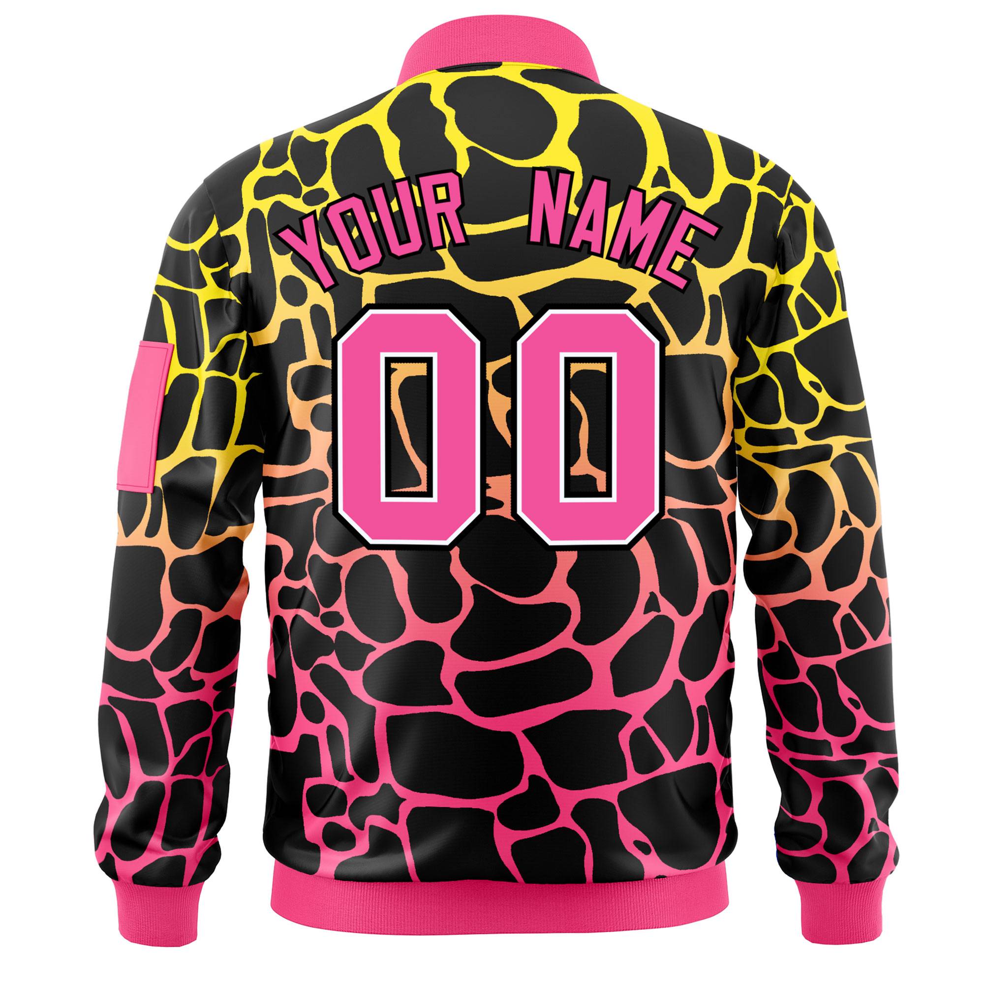 Custom Black Gold-Pink Varsity Full-Zip Spotted Letterman Bomber Jacket