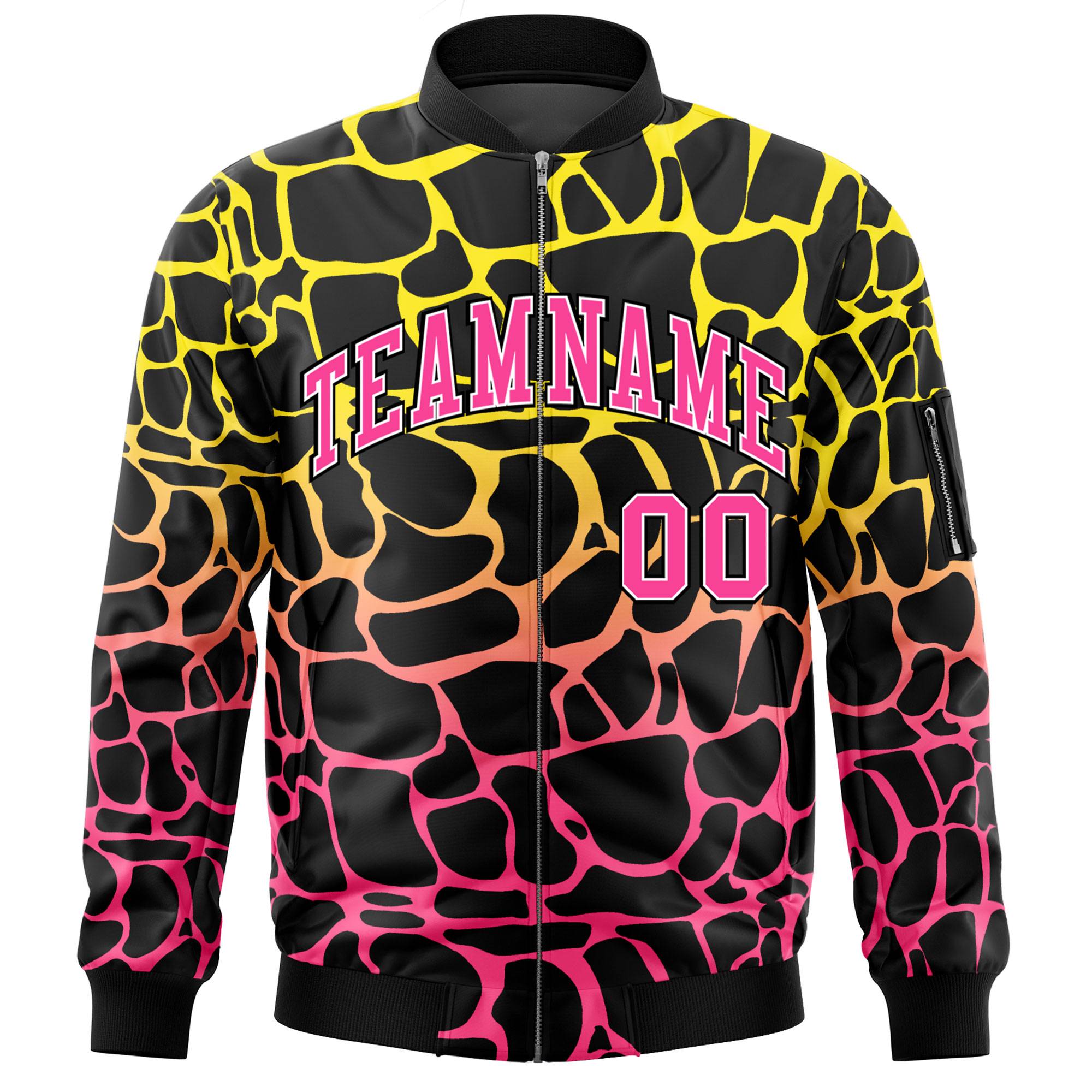 Custom Black Gold-Pink Varsity Full-Zip Spotted Letterman Bomber Jacket