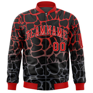 Custom Black Red-Gray Varsity Full-Zip Spotted Letterman Bomber Jacket