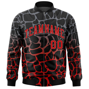 Custom Black Gray-Red Varsity Full-Zip Spotted Letterman Bomber Jacket