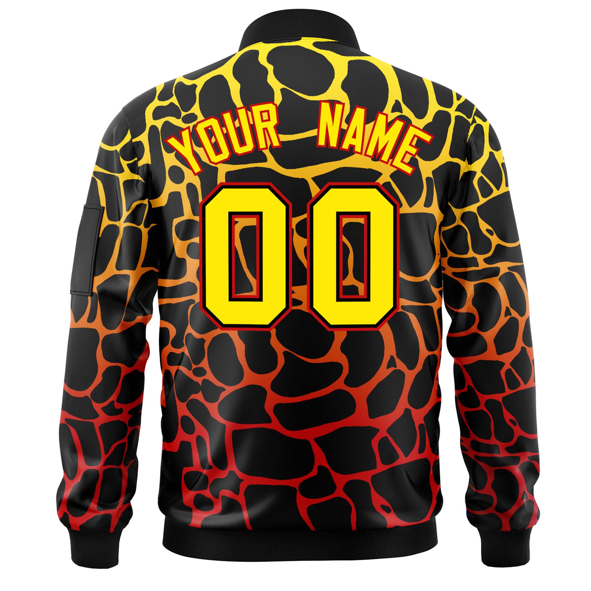 Custom Black Gold-Red Varsity Full-Zip Spotted Letterman Bomber Jacket