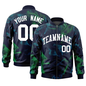 Custom Navy White Varsity Full-Zip Blur Spray Letterman Bomber Jacket