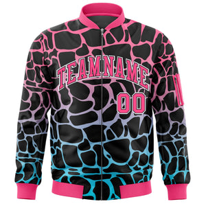 Custom Black Pink-Lt Blue Varsity Full-Zip Spotted Letterman Bomber Jacket