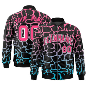 Custom Black Pink-Lt Blue Varsity Full-Zip Spotted Letterman Bomber Jacket