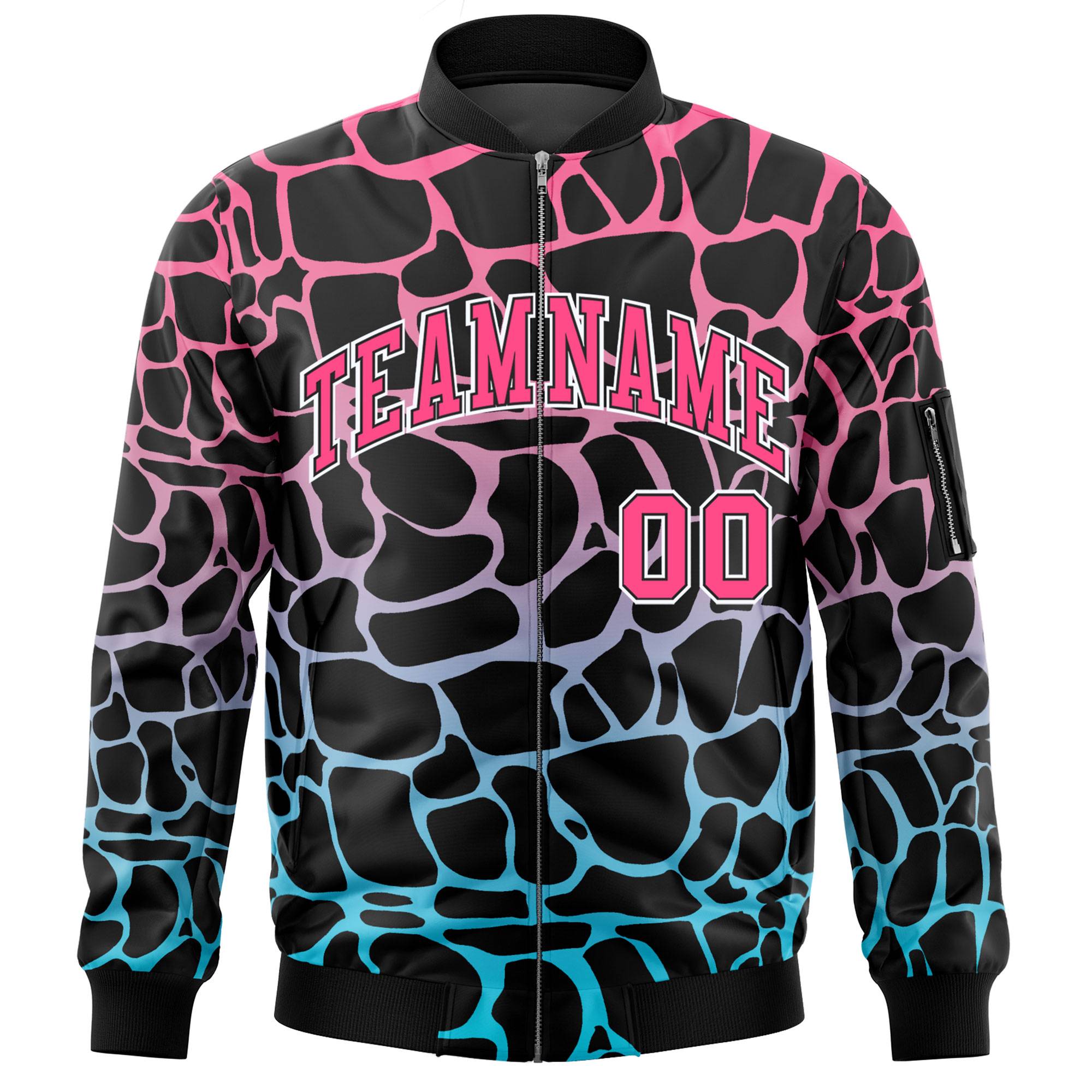 Custom Black Pink-Lt Blue Varsity Full-Zip Spotted Letterman Bomber Jacket