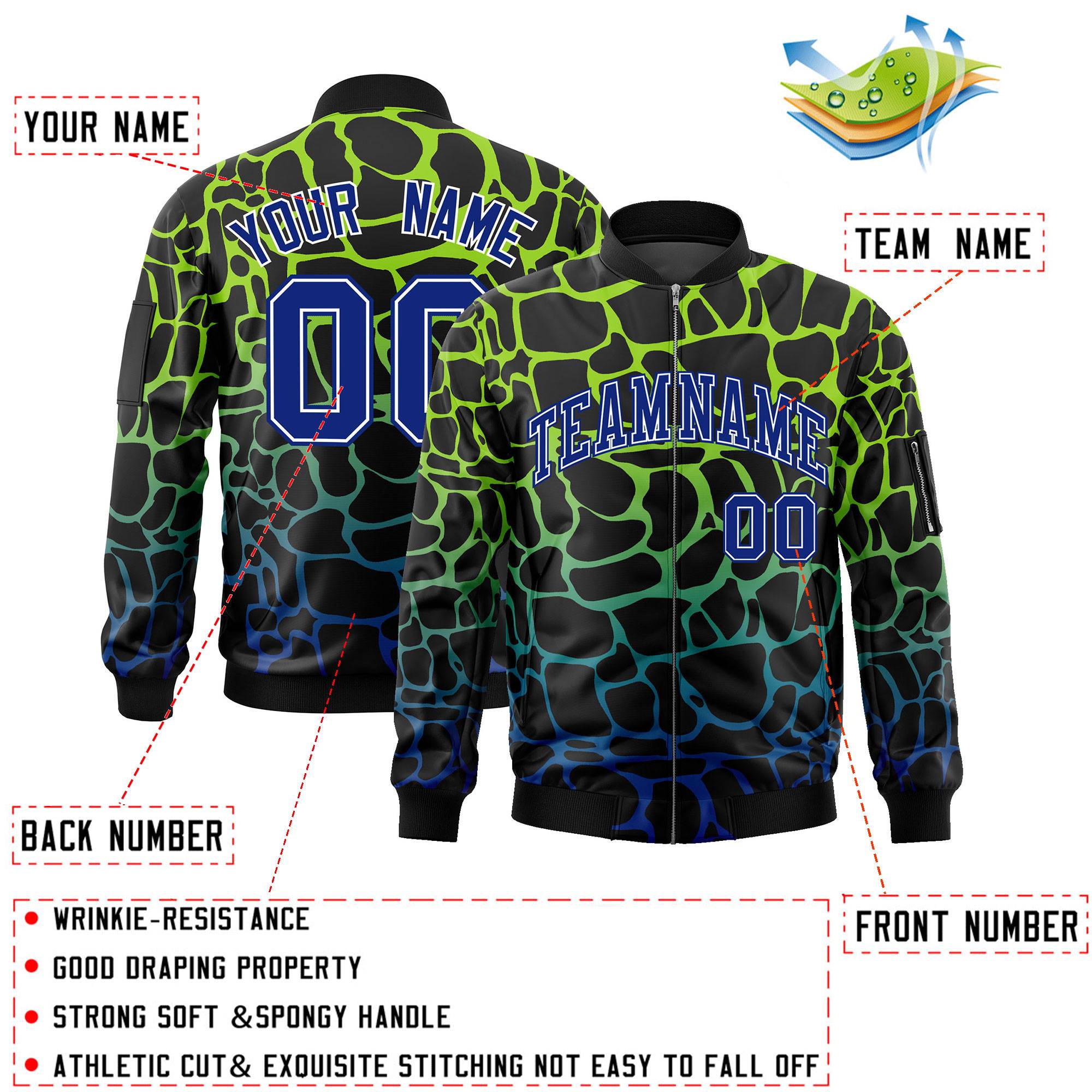 Custom Black Neon Green-Lt Blue Varsity Full-Zip Spotted Letterman Bomber Jacket