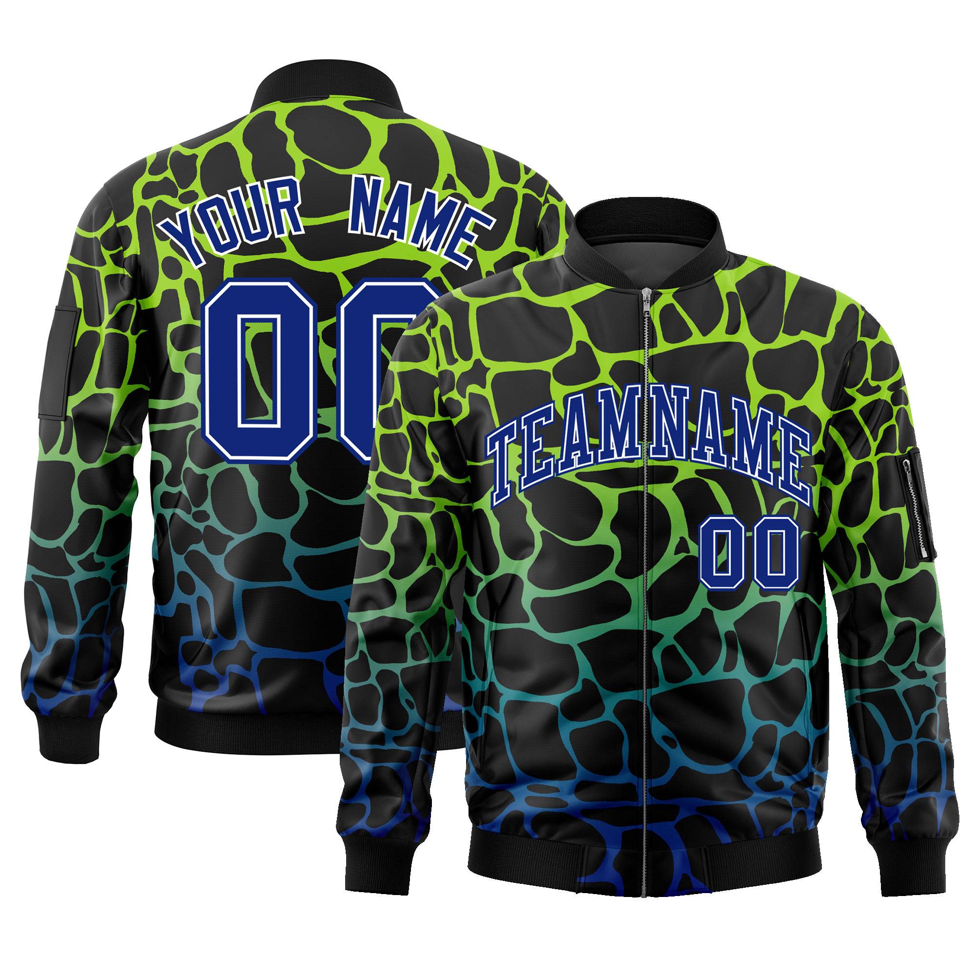 Custom Black Neon Green-Lt Blue Varsity Full-Zip Spotted Letterman Bomber Jacket