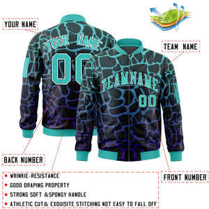 Custom Black Aqua-Royal Varsity Full-Zip Spotted Letterman Bomber Jacket