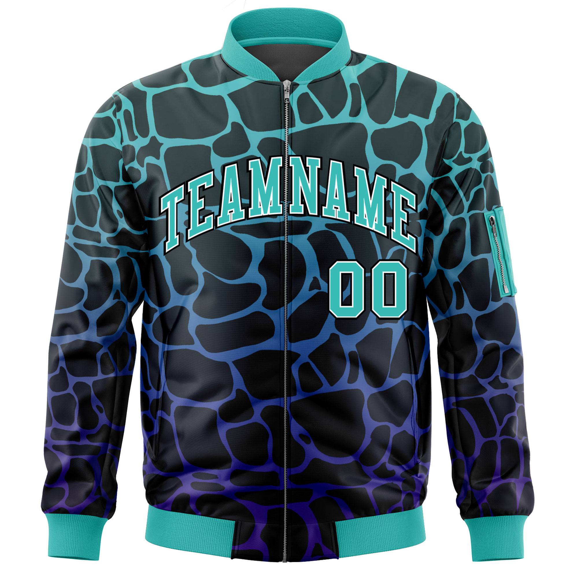 Custom Black Aqua-Royal Varsity Full-Zip Spotted Letterman Bomber Jacket