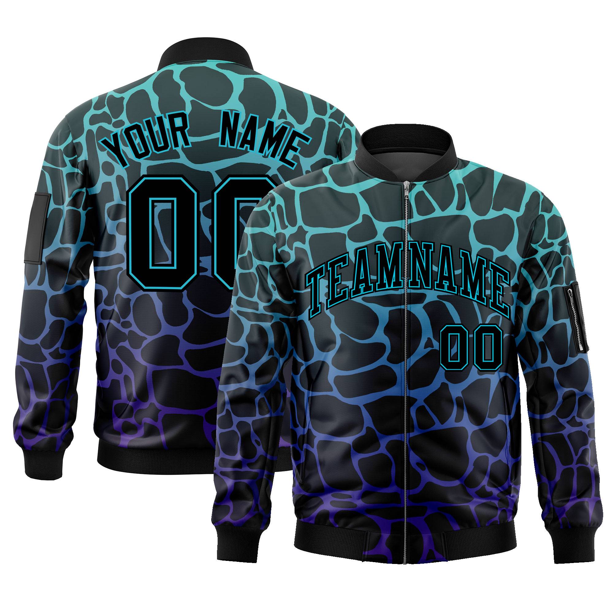 Custom Black Aqua-Royal Varsity Full-Zip Spotted Letterman Bomber Jacket