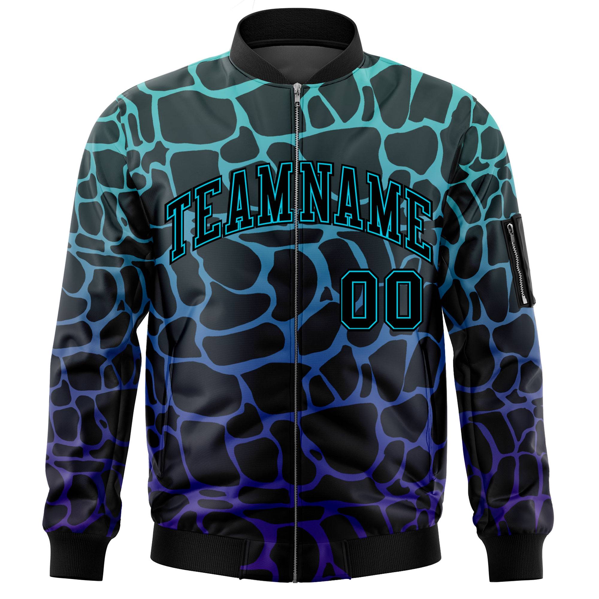 Custom Black Aqua-Royal Varsity Full-Zip Spotted Letterman Bomber Jacket