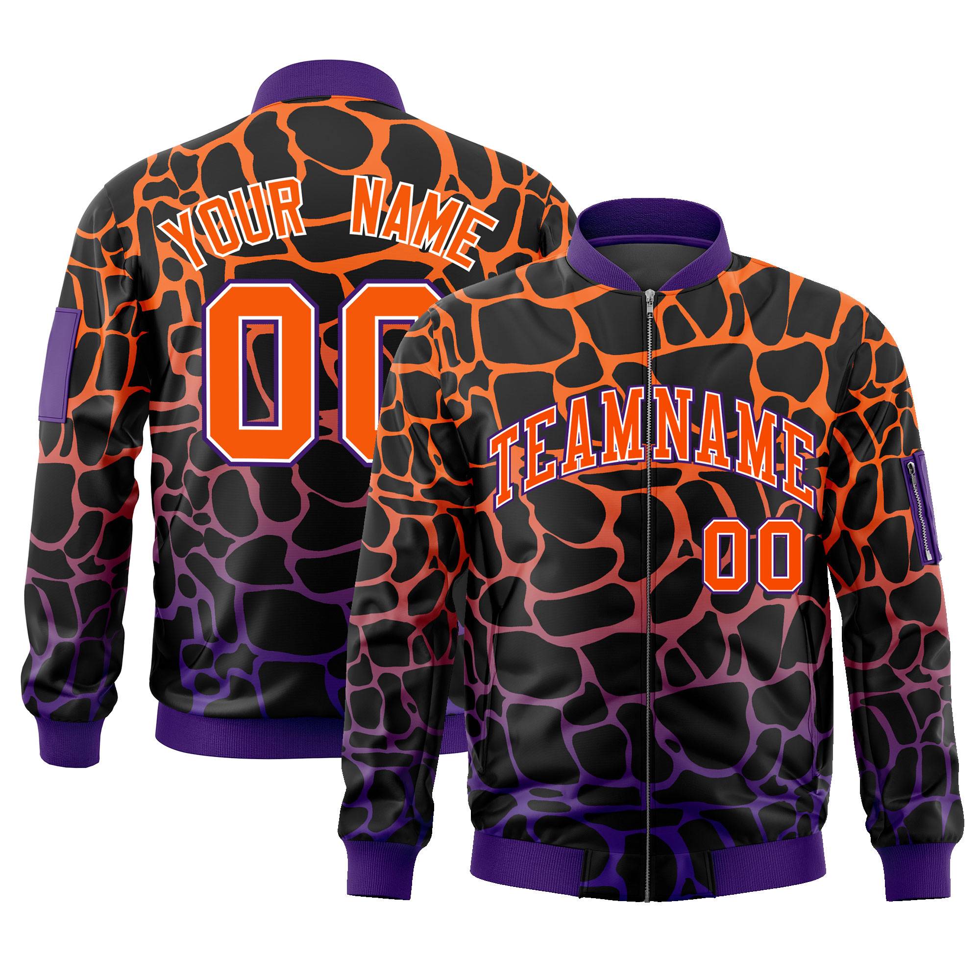 Custom Black Orange-Purple Varsity Full-Zip Spotted Letterman Bomber Jacket