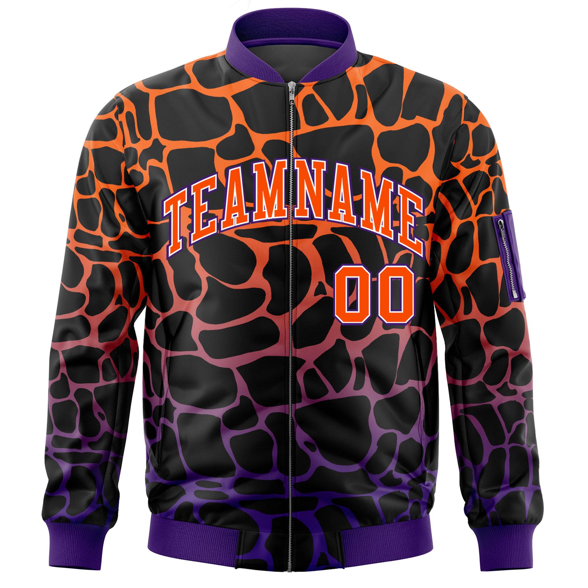 Custom Black Orange-Purple Varsity Full-Zip Spotted Letterman Bomber Jacket