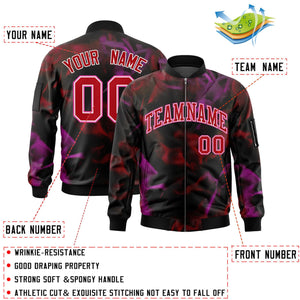 Custom Black Red-Pink Varsity Full-Zip Blur Spray Letterman Bomber Jacket