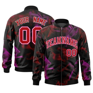 Custom Black Red-Pink Varsity Full-Zip Blur Spray Letterman Bomber Jacket