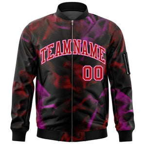 Custom Black Red-Pink Varsity Full-Zip Blur Spray Letterman Bomber Jacket