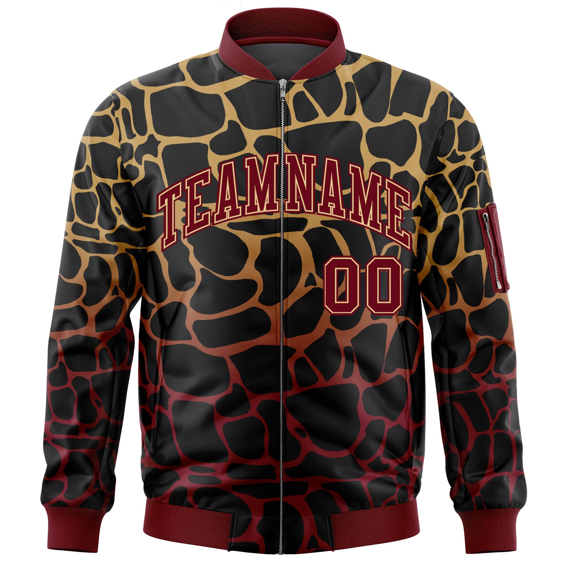 Custom Black Old Gold-Crimson Varsity Full-Zip Spotted Letterman Bomber Jacket