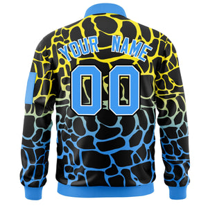 Custom Black Gold-Power Blue Varsity Full-Zip Spotted Letterman Bomber Jacket