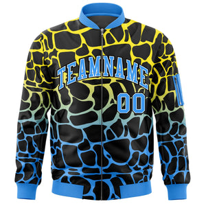 Custom Black Gold-Power Blue Varsity Full-Zip Spotted Letterman Bomber Jacket