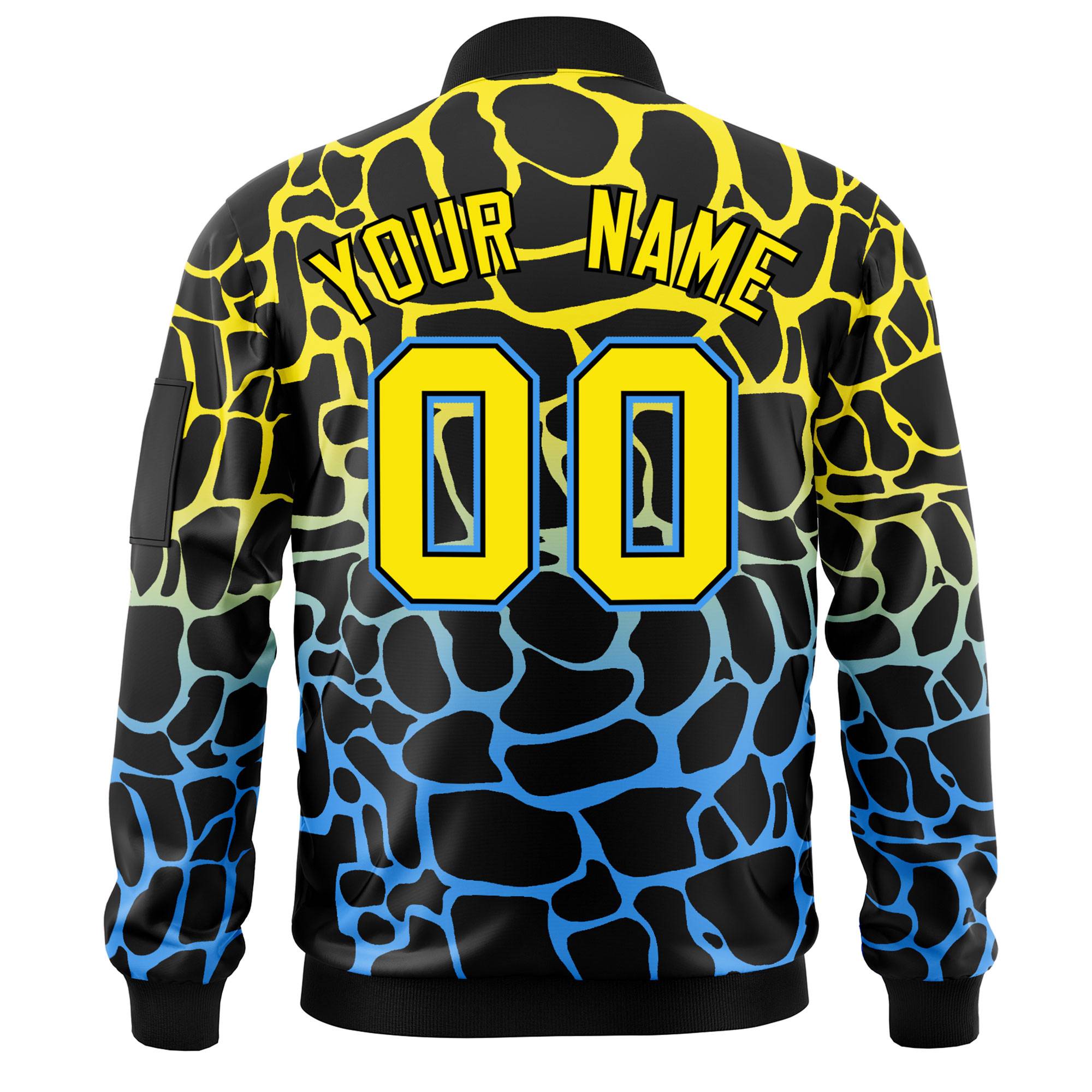 Custom Black Gold-Light Blue Varsity Full-Zip Spotted Letterman Bomber Jacket