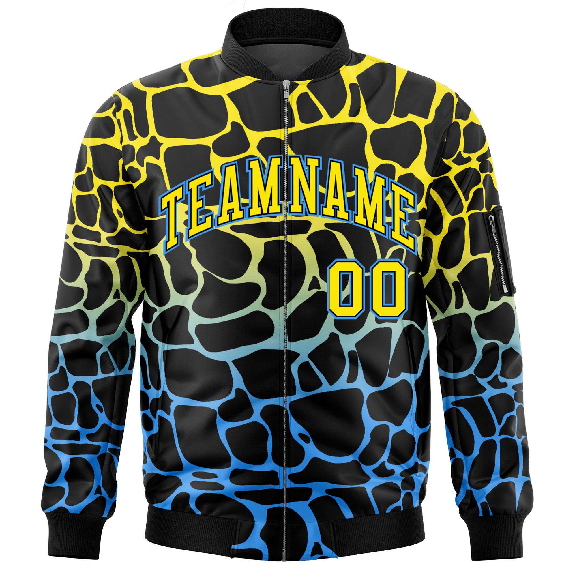 Custom Black Gold-Light Blue Varsity Full-Zip Spotted Letterman Bomber Jacket