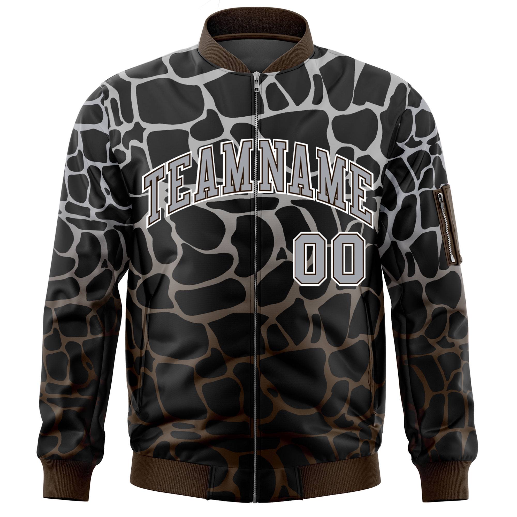 Custom Black Gray-Brown Varsity Full-Zip Spotted Letterman Bomber Jacket