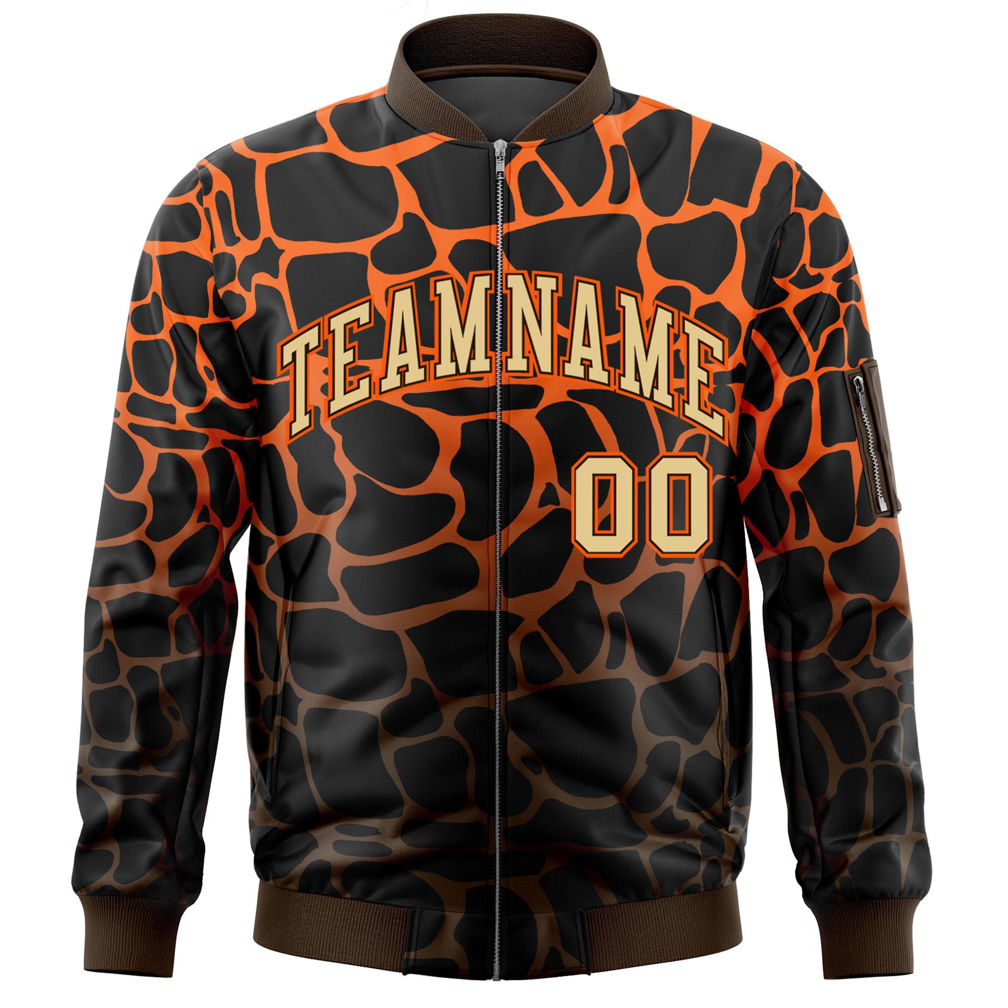 Custom Black Orange-Brown Varsity Full-Zip Spotted Letterman Bomber Jacket