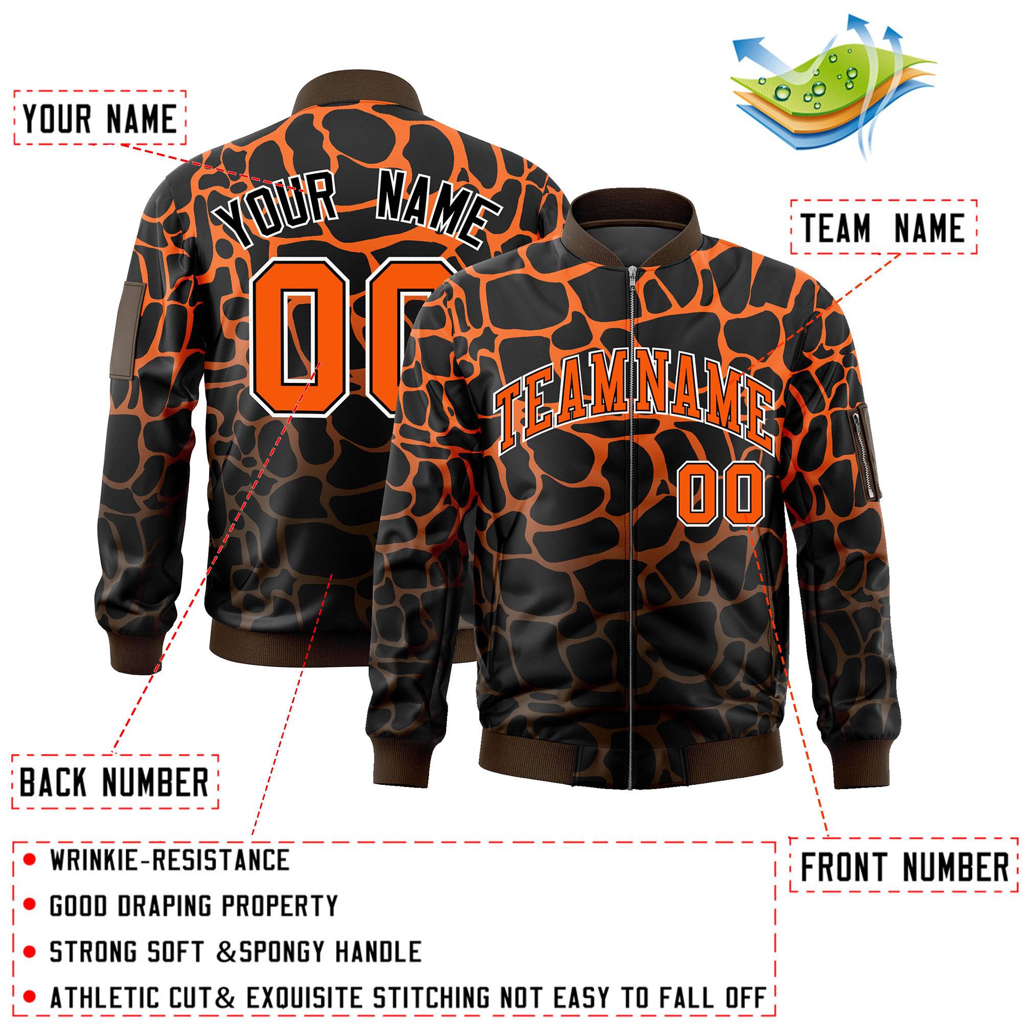 Custom Black Orange-Brown Varsity Full-Zip Spotted Letterman Bomber Jacket