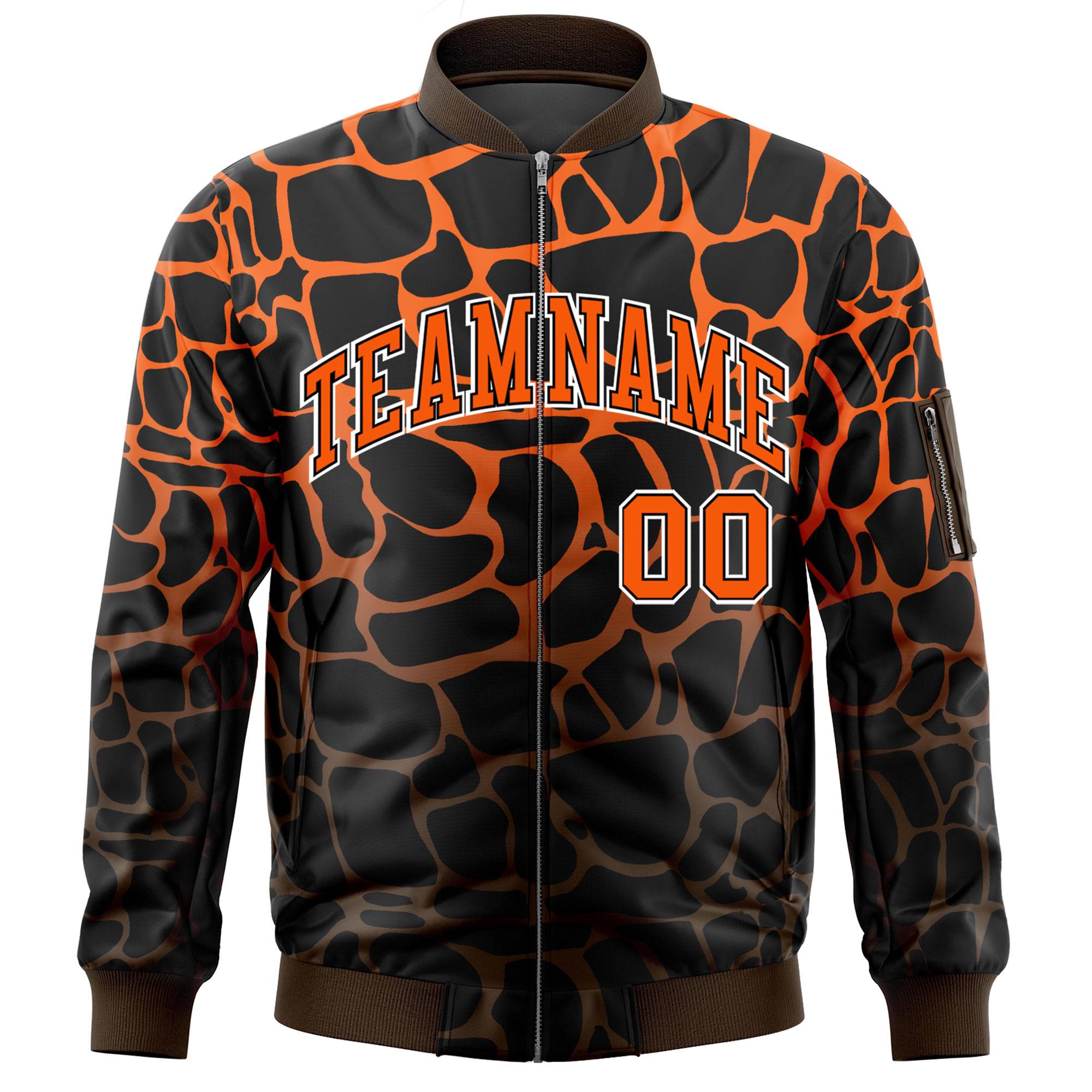 Custom Black Orange-Brown Varsity Full-Zip Spotted Letterman Bomber Jacket