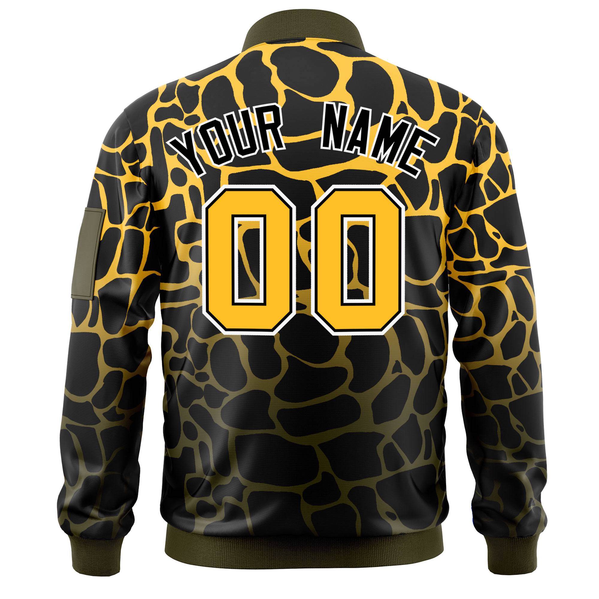 Custom Black Gold-Olive Varsity Full-Zip Spotted Letterman Bomber Jacket