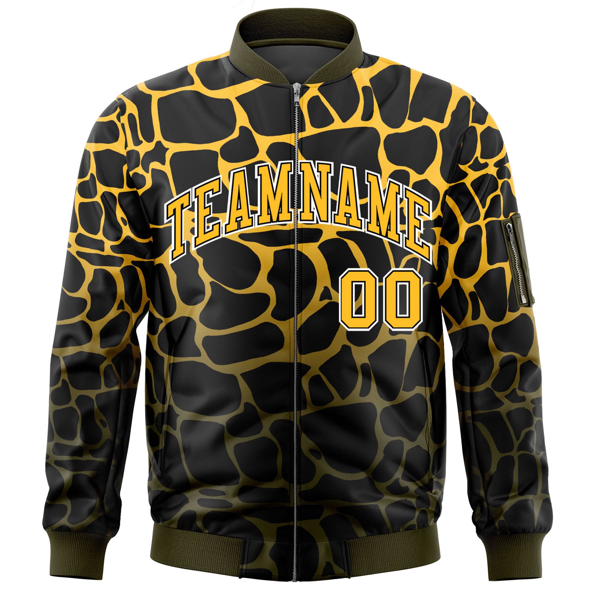 Custom Black Gold-Olive Varsity Full-Zip Spotted Letterman Bomber Jacket