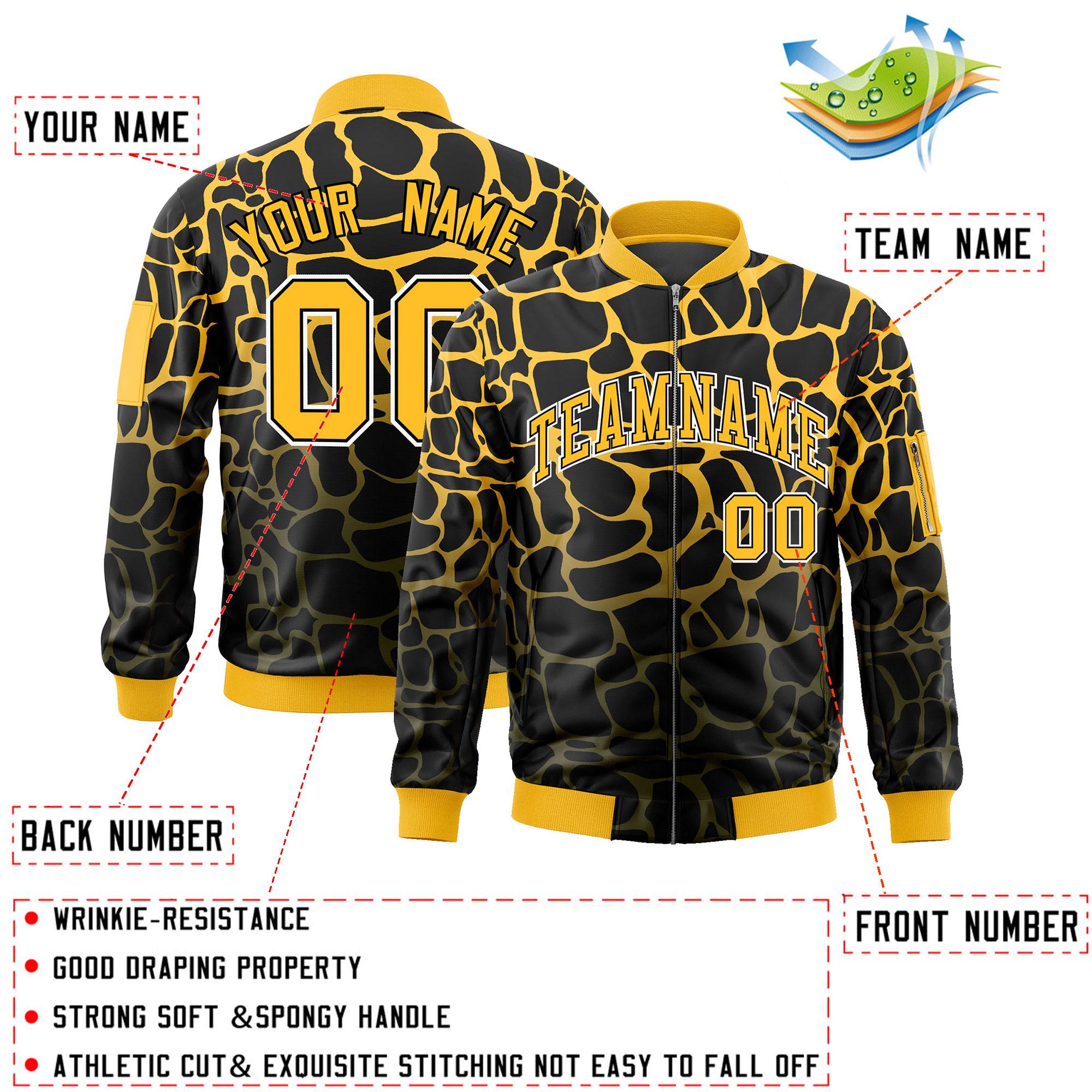 Custom Black Gold-Olive Varsity Full-Zip Spotted Letterman Bomber Jacket