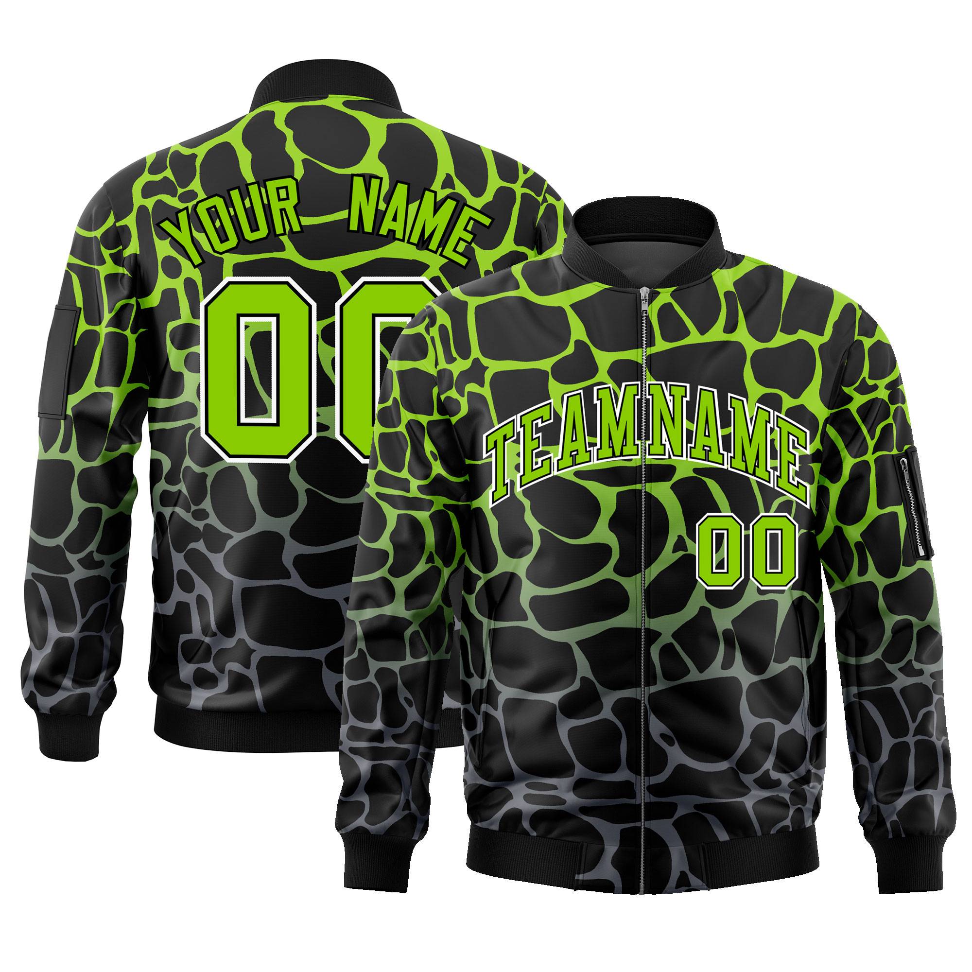 Custom Black Neon Green-Gray Varsity Full-Zip Spotted Letterman Bomber Jacket