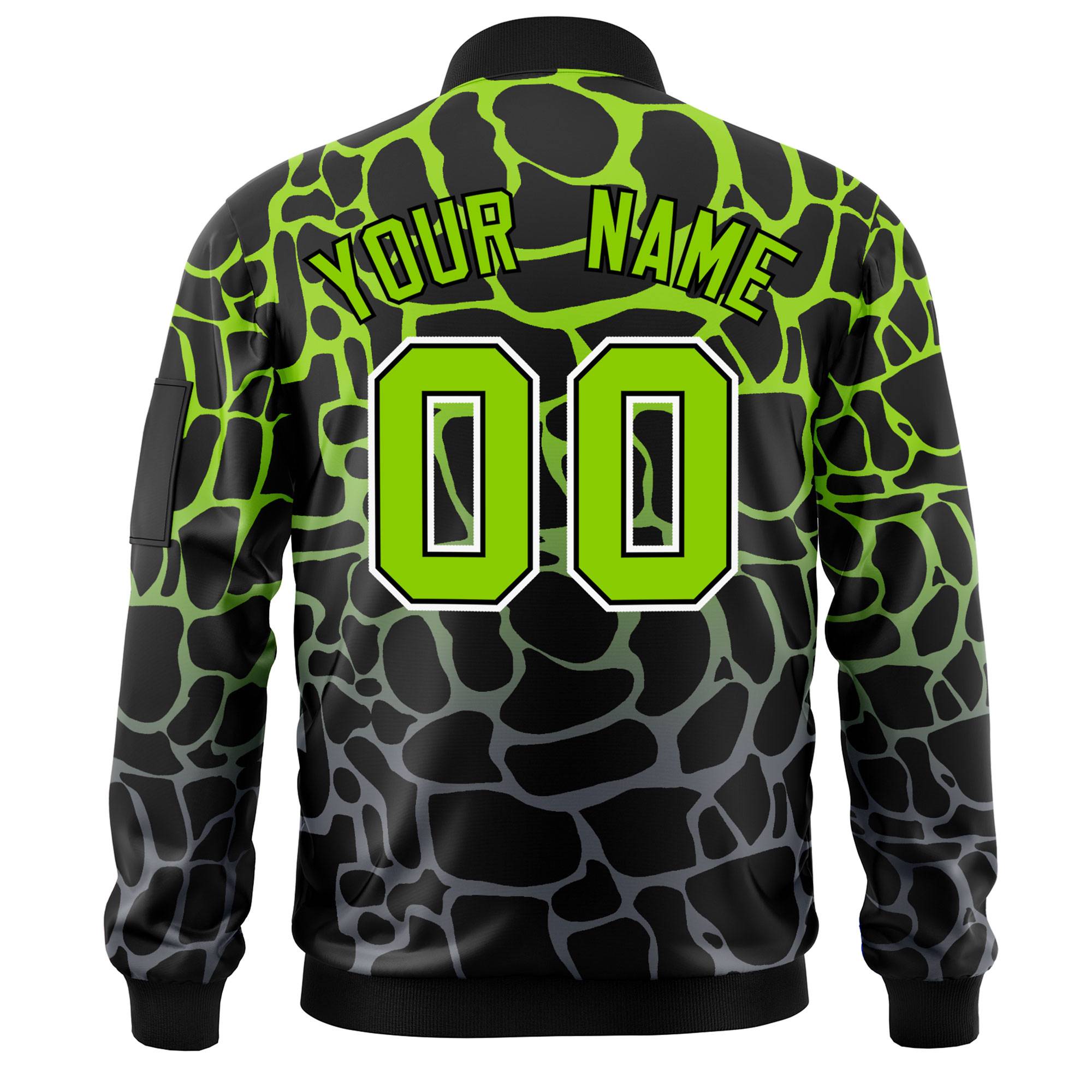 Custom Black Neon Green-Gray Varsity Full-Zip Spotted Letterman Bomber Jacket