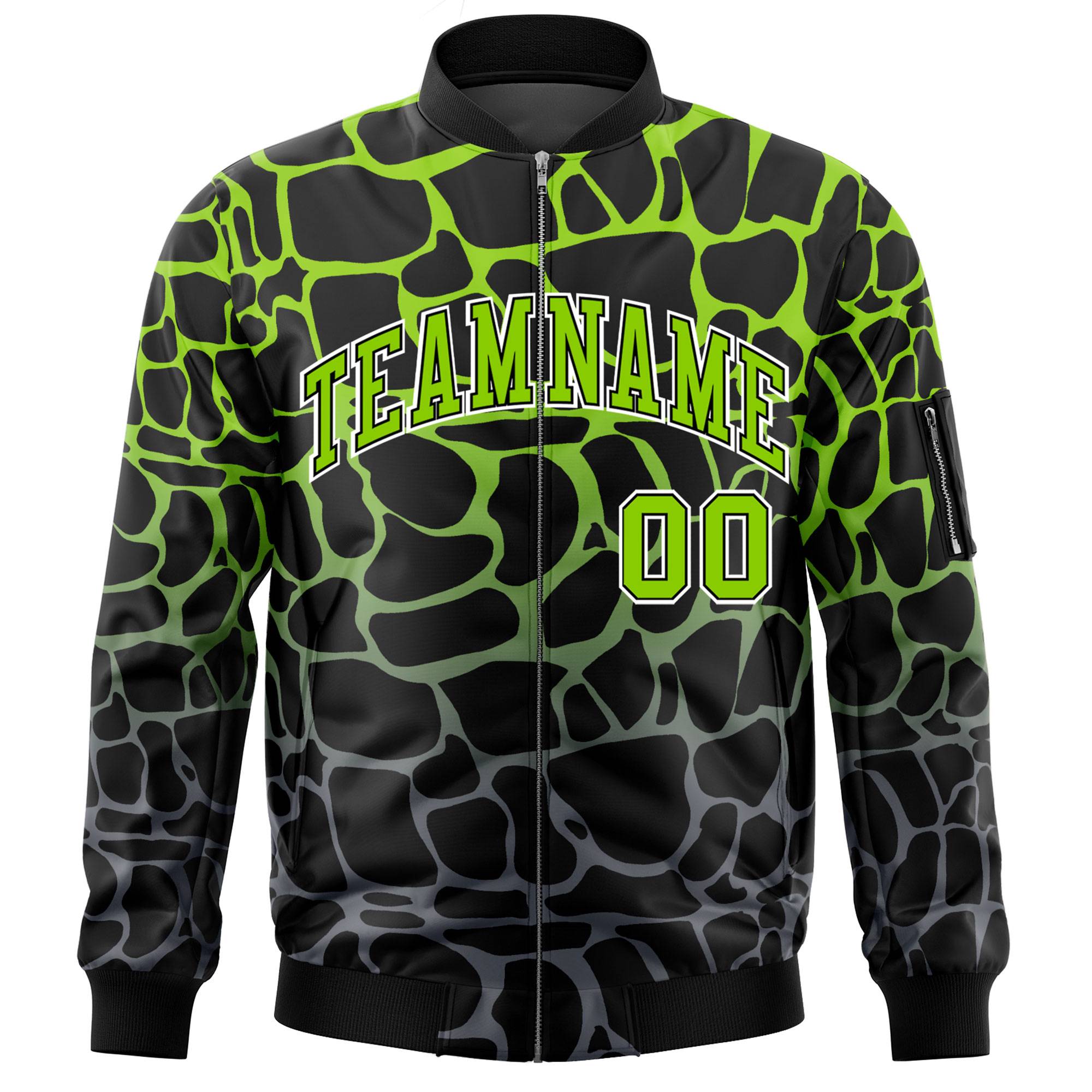 Custom Black Neon Green-Gray Varsity Full-Zip Spotted Letterman Bomber Jacket