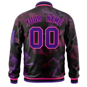 Custom Black Purple-Pink Varsity Full-Zip Blur Spray Letterman Bomber Jacket