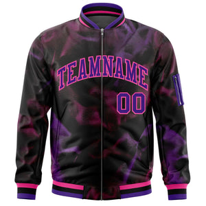 Custom Black Purple-Pink Varsity Full-Zip Blur Spray Letterman Bomber Jacket