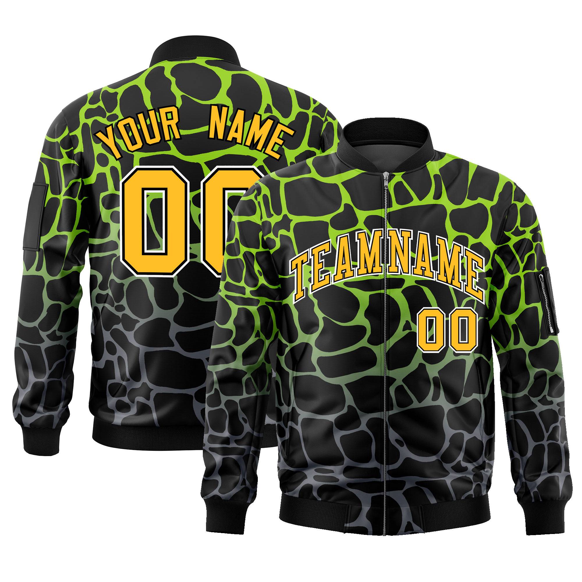 Custom Black Neon Green-Gray Varsity Full-Zip Spotted Letterman Bomber Jacket