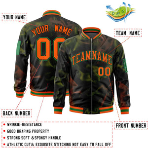 Custom Black Orange-Green Varsity Full-Zip Blur Spray Letterman Bomber Jacket