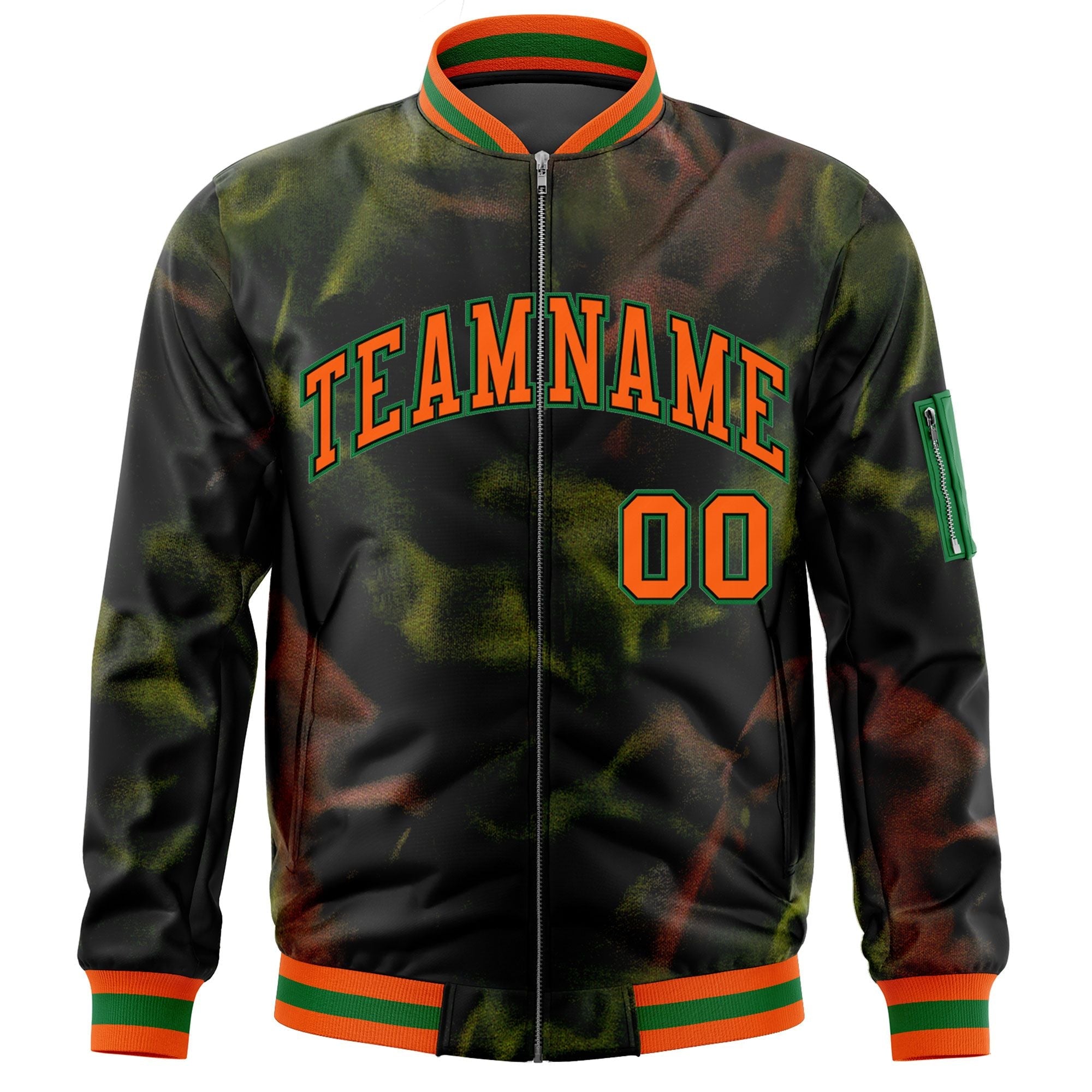 Custom Black Orange-Green Varsity Full-Zip Blur Spray Letterman Bomber Jacket