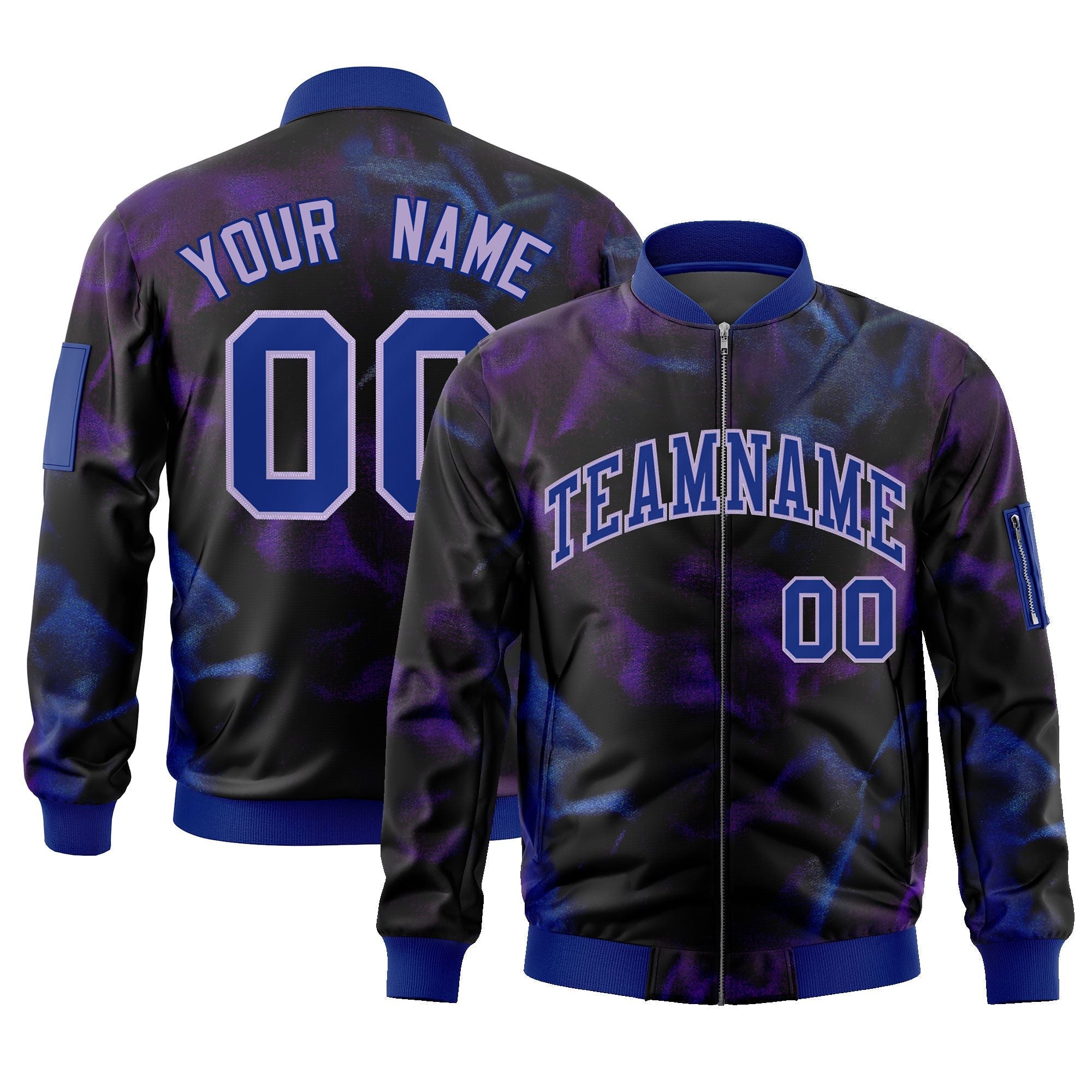 Custom Black Royal-Gray Varsity Full-Zip Blur Spray Letterman Bomber Jacket