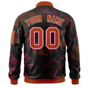 Custom Black Red-Pink Varsity Full-Zip Blur Spray Letterman Bomber Jacket