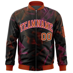 Custom Black Red-Pink Varsity Full-Zip Blur Spray Letterman Bomber Jacket