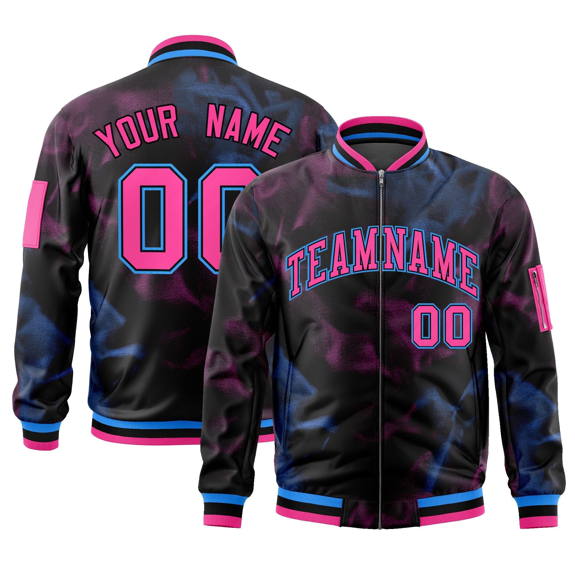 Custom Black Pink-Powder Blue Varsity Full-Zip Blur Spray Letterman Bomber Jacket