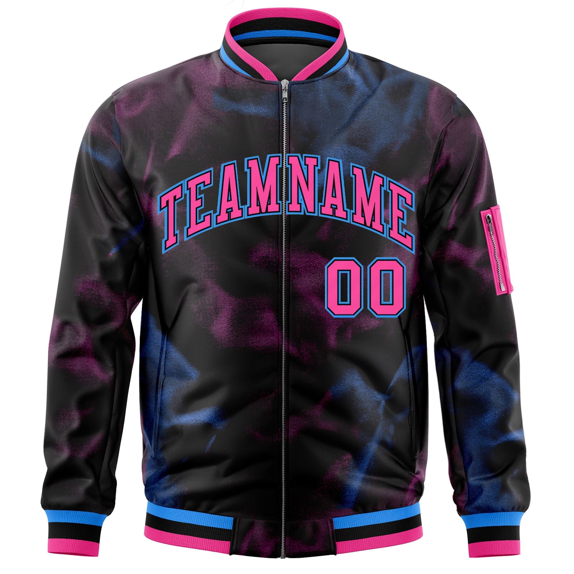 Custom Black Pink-Powder Blue Varsity Full-Zip Blur Spray Letterman Bomber Jacket