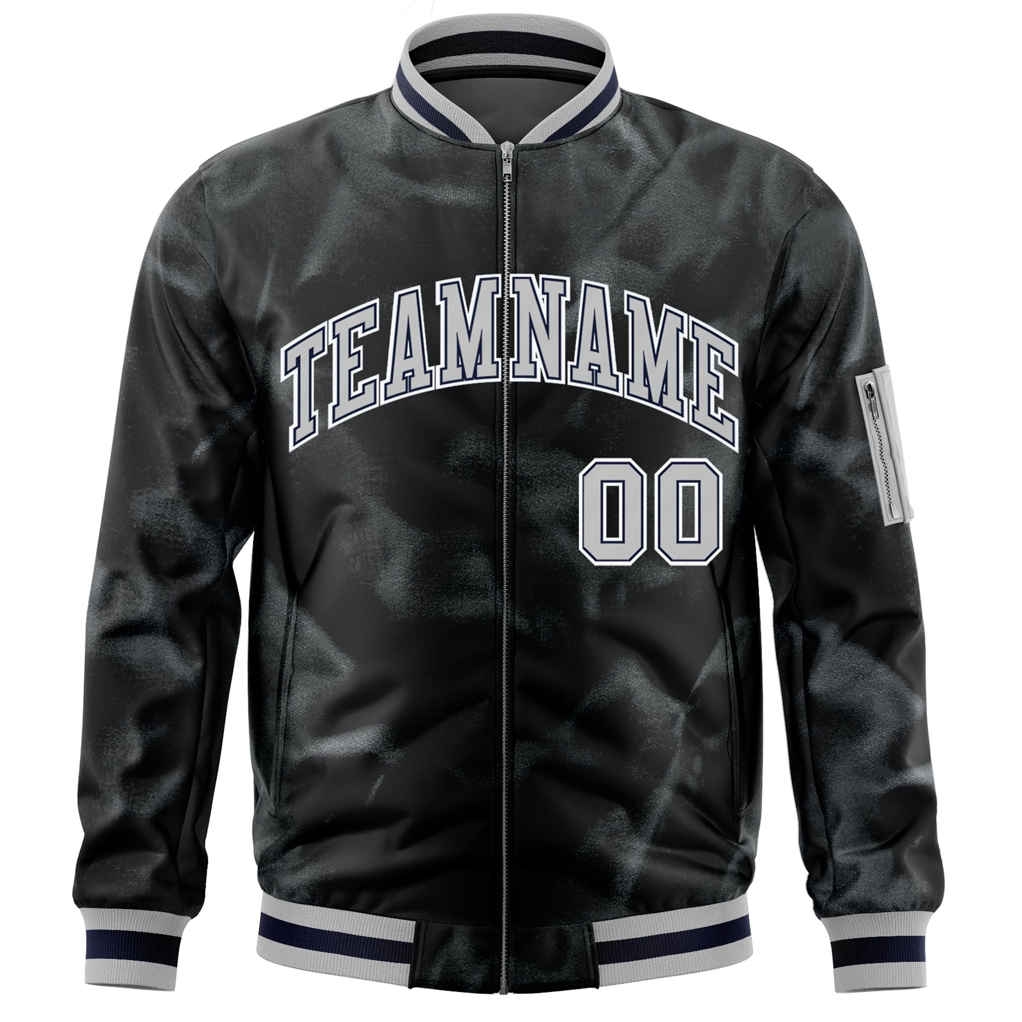 Custom Black Gray-White Varsity Full-Zip Blur Spray Letterman Bomber Jacket