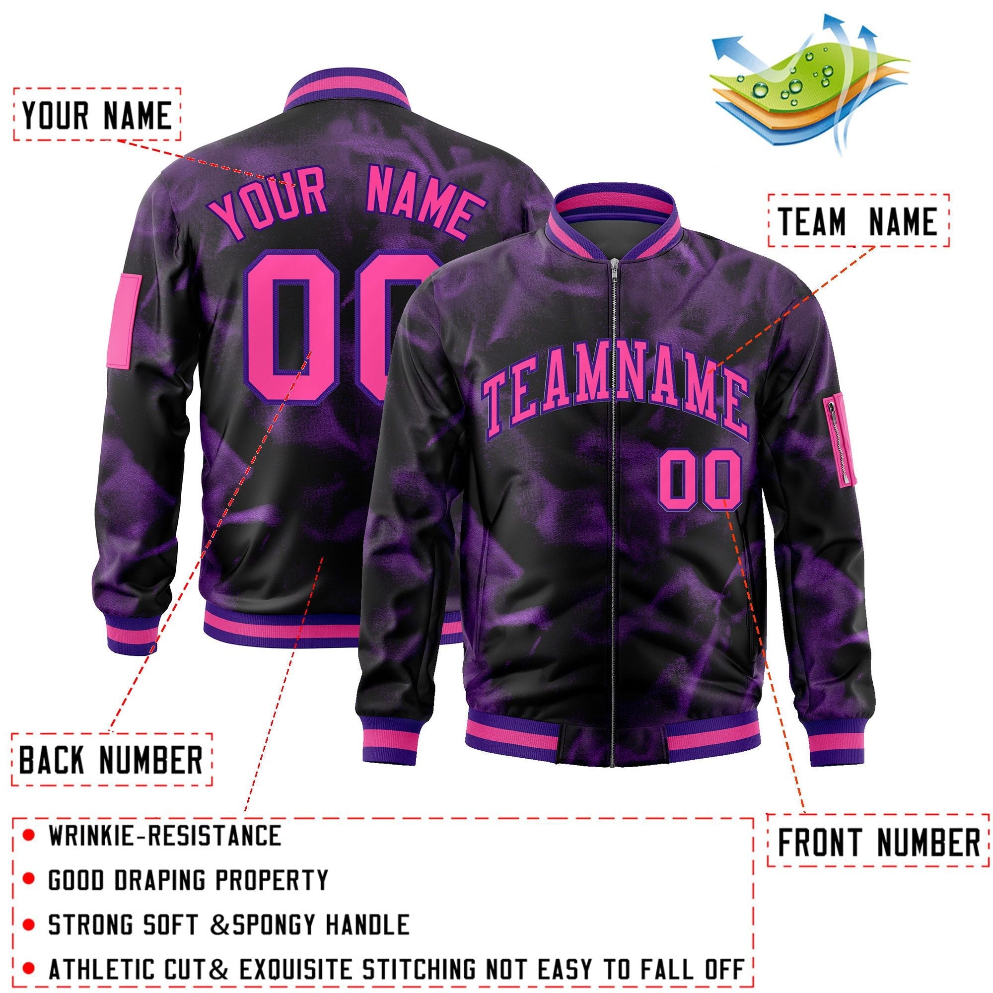 Custom Black Pink-Purple Varsity Full-Zip Blur Spray Letterman Bomber Jacket